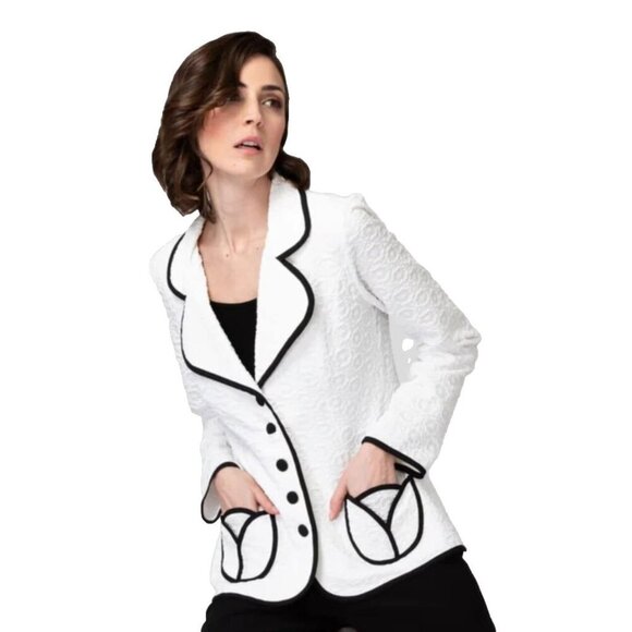 Joseph Ribkoff Jackets & Blazers - Joseph Ribkoff Womens Jacket Blazer Size US 10 Textured White Black Piping Trim